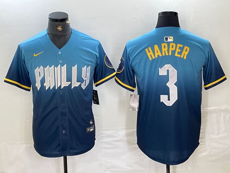 Men Philadelphia Phillies 3 Harper Blue City Edition Nike 2024 MLB Jersey style 1